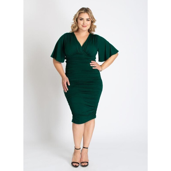 Kiyonna Women Dress 4X Rumor Ruched Sexy Bodycon V Neck Green Flutter Sleeves - Picture 15 of 15